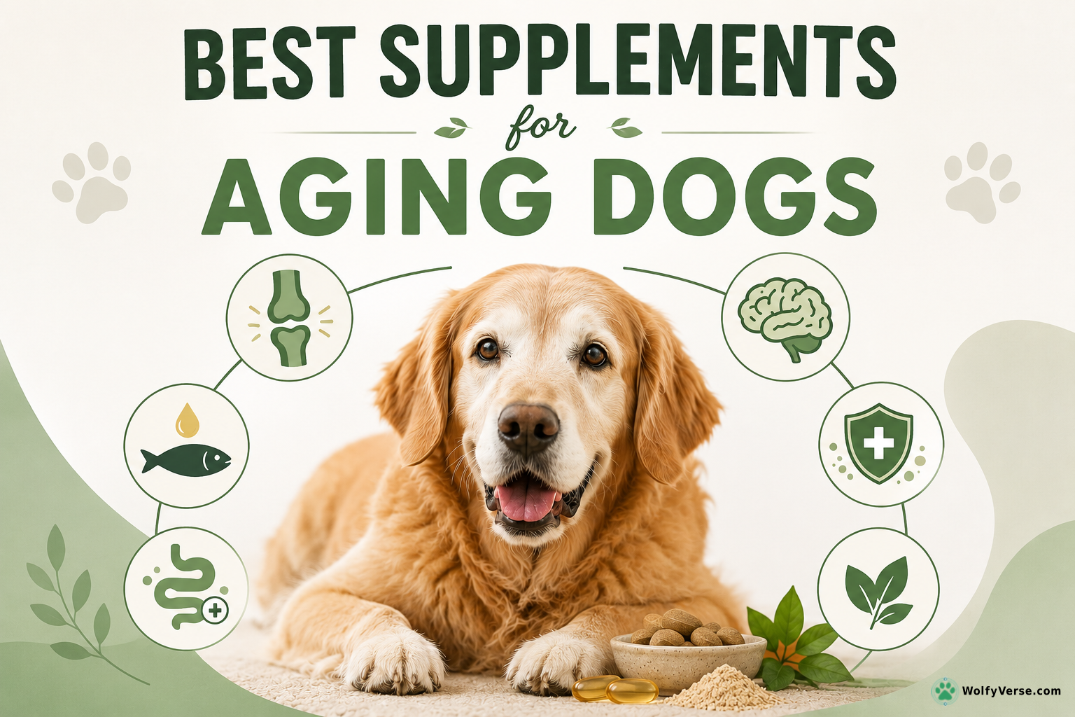 Infographic showing the best supplements for aging dogs, including joint, brain, digestive, immune, and fish oil support around a senior golden retriever