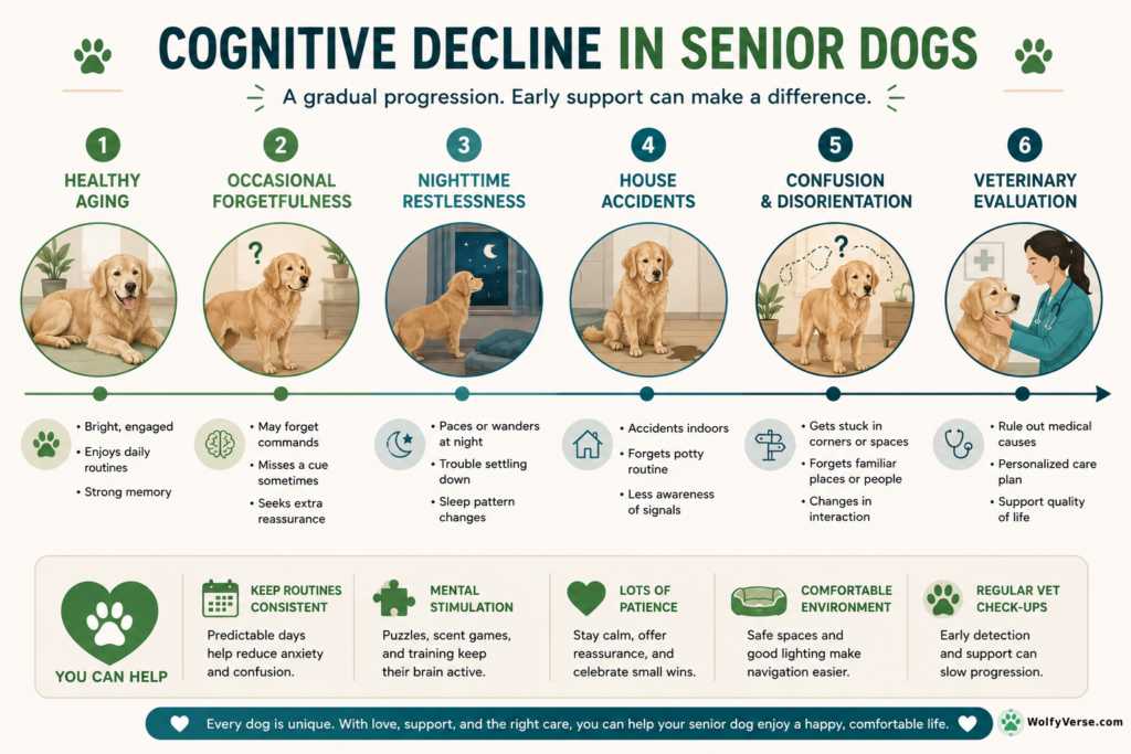 Timeline infographic illustrating the progression of cognitive decline in senior dogs, from healthy aging to veterinary evaluation