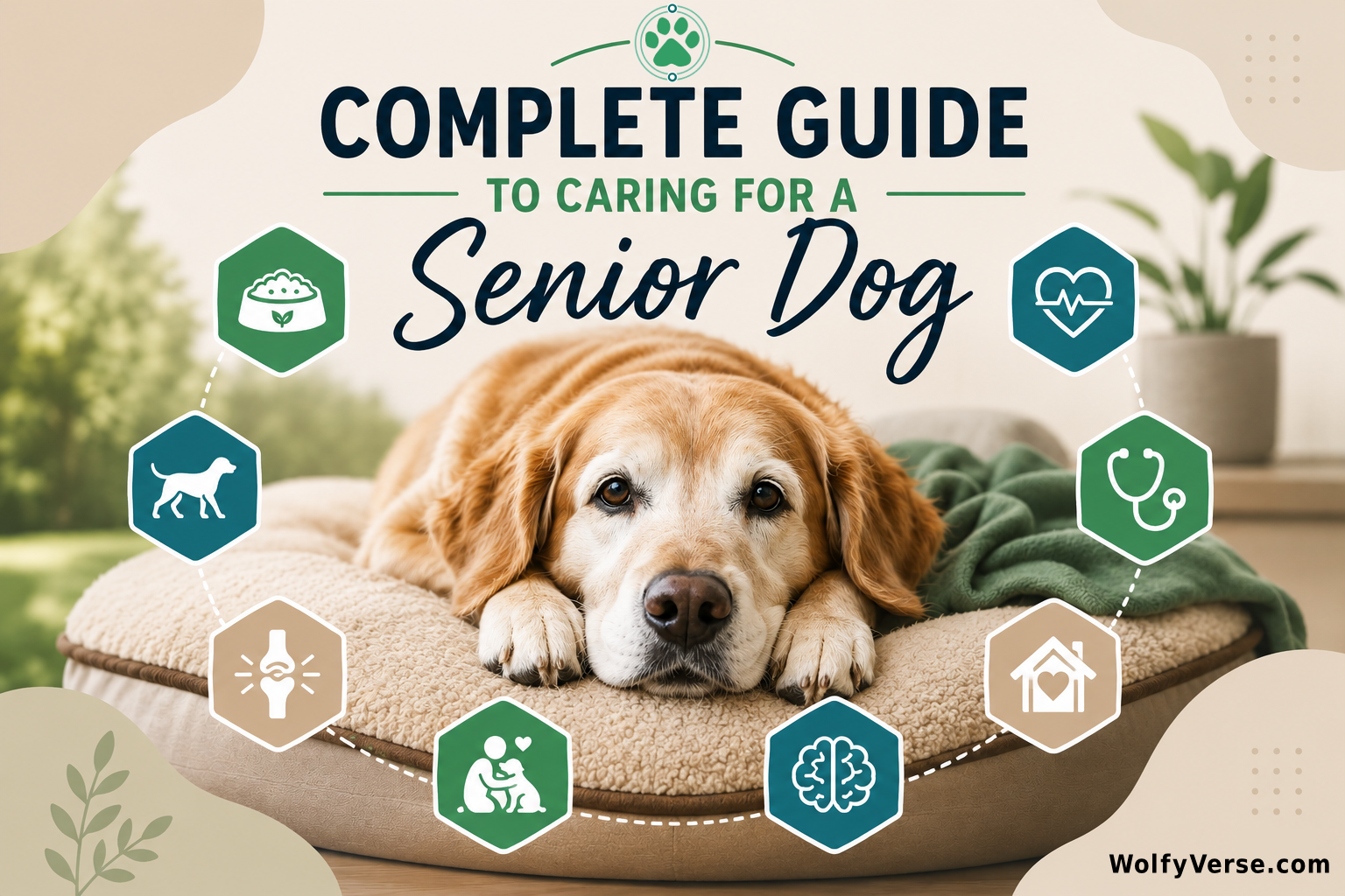 Illustrated cover showing a senior golden retriever surrounded by icons representing nutrition, exercise, veterinary care, joint health, mental enrichment, hydration, and home comfort