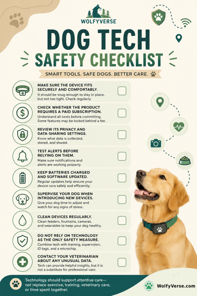 Printable Dog Tech Safety Checklist infographic showing tips for using smart collars, GPS trackers, pet cameras, automatic feeders, and other dog technology safely, including device fit, privacy, battery maintenance, supervision, cleaning, and veterinary guidance