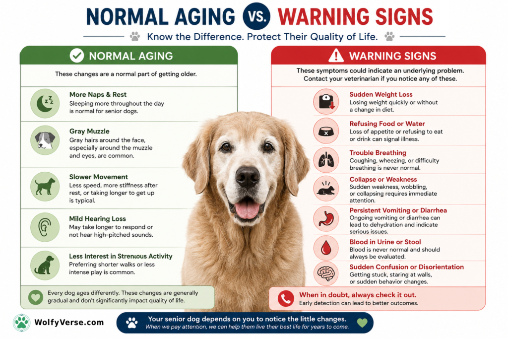 Infographic comparing normal signs of aging in senior dogs with warning signs that require veterinary attention