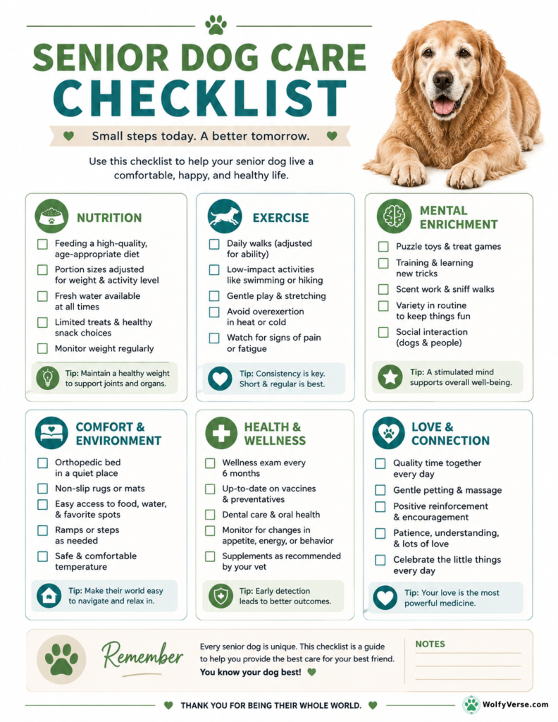 Printable senior dog care checklist covering nutrition, exercise, health, home safety, mental enrichment, hydration, and daily wellness