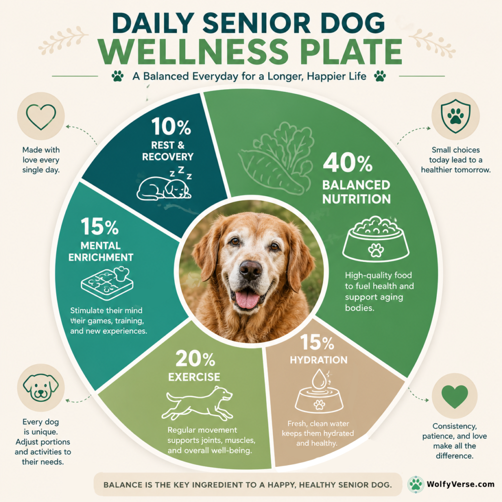 Pie chart infographic showing a balanced daily wellness routine for senior dogs, including nutrition, exercise, hydration, mental enrichment, and rest
