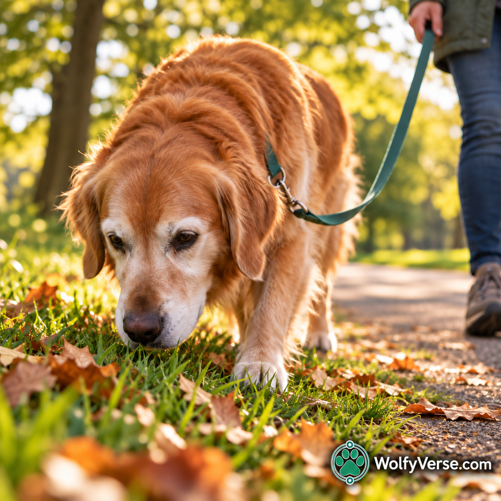 Senior dog sniffing grass during a gentle walk.