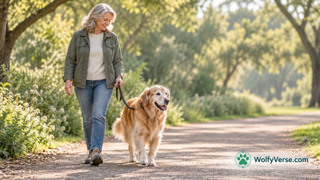 Senior dog taking a relaxed walk with its owner on a level path.