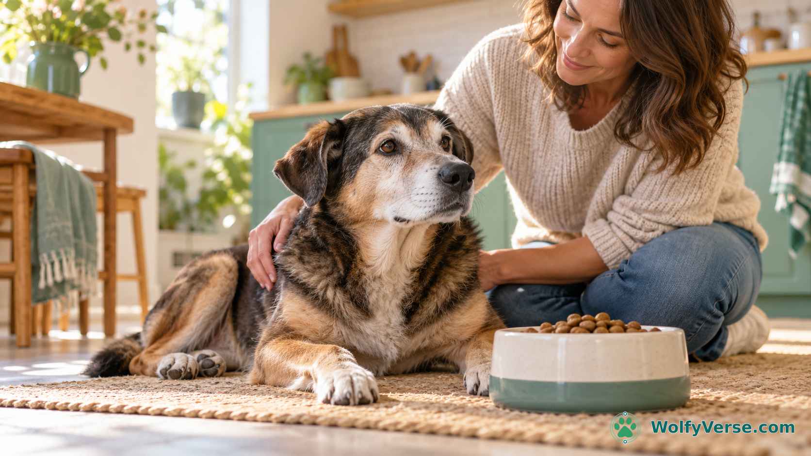 Older dog resting beside a food bowl while an owner pets them at home