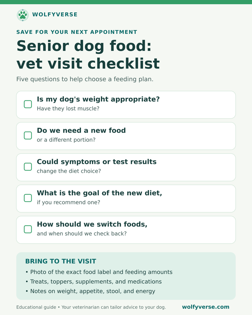 Senior dog food checklist covering weight and muscle, food portions, symptoms, diet goals, and how to switch foods.